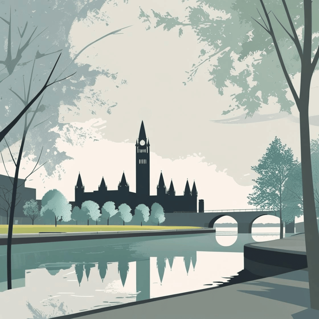 Minimalist illustration of Ottawa’s Parliament Hill viewed from across the Rideau Canal. The artwork features soft greens, blues, and warm greys, with stylized trees and clean lines. This calm and professional visual evokes civic trust, community roots, and Mitchell Consulting’s local connection to the nonprofit sector.