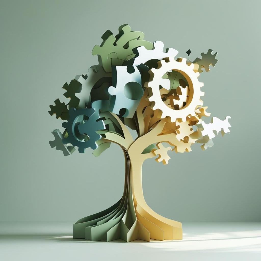 Abstract 3D rendering of a tree formed from layered, interlocking puzzle pieces and gears. The base of the tree has warm, golden branches and roots, while the canopy is composed of green, blue, and white gear-shaped leaves. The scene is softly lit, with a minimalist sage-green background. The image conveys themes of integration, collaboration, and growth—particularly in nonprofit systems and strategy.